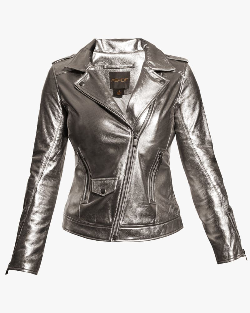 Front of a size XL CULT UPCYCLED LEATHER JACKET in Gunmetal by AS by DF. | dia_product_style_image_id:237135